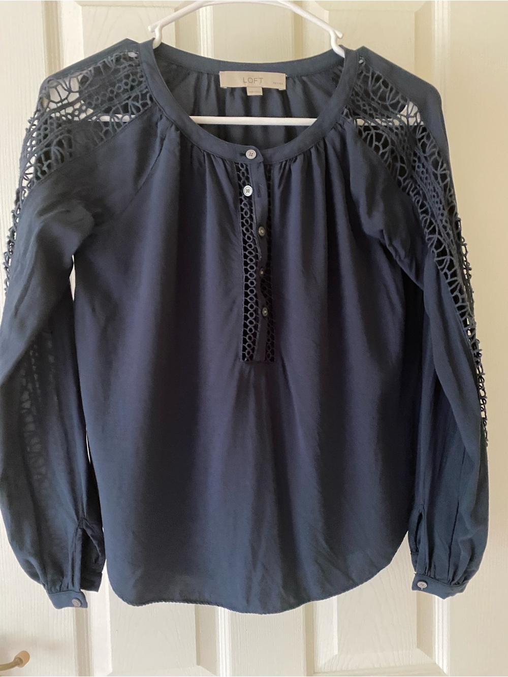 Petite Navy Blouse with Crochet-like Design on Sleeves Button-Front (Size XXSP)